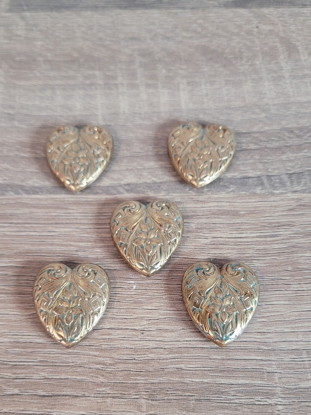 Vintage Antique-Style Embossed Heart Buttons Covers- Gold Tone (Set of 5)
